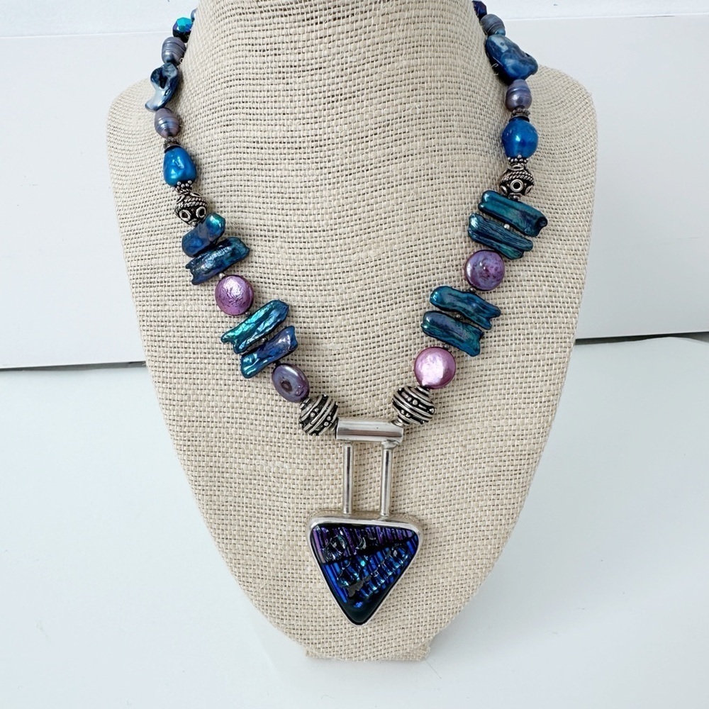 Genuine Sterling Silver Necklace, Blue & Pink Pearls, Dichrioc Glass Pendant